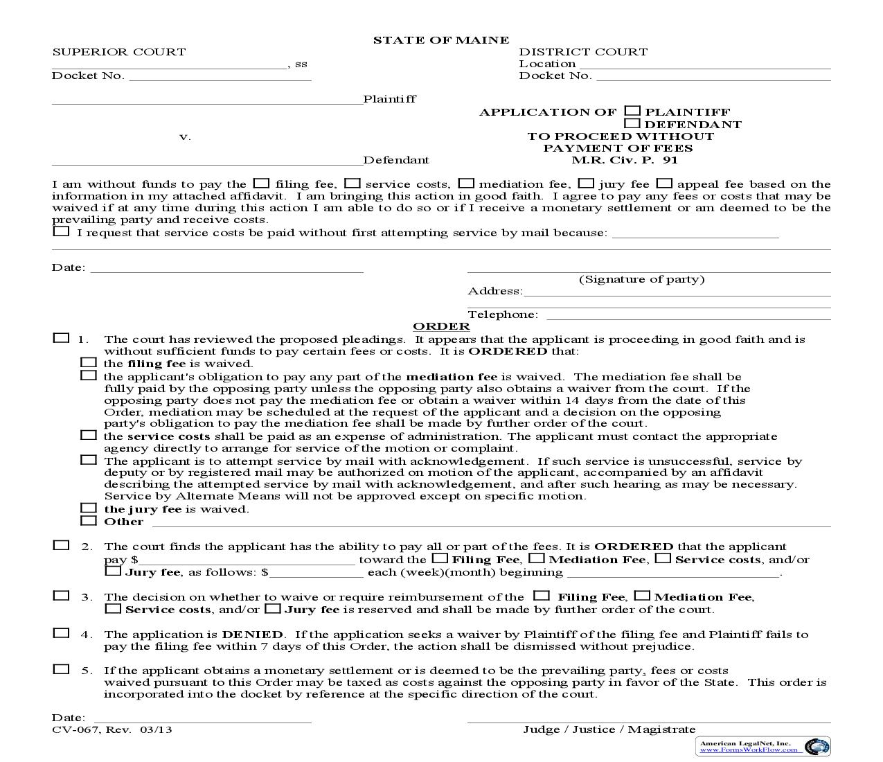 Application To Proceed Without Payment Of Fees {CV-067} | Pdf Fpdf Doc Docx | Maine