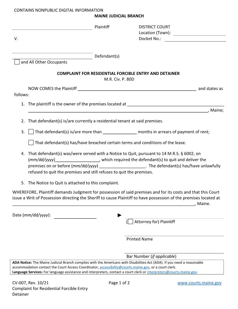 Complaint For Forcible Entry And Detainer {CV-007} | Pdf Fpdf Doc Docx | Maine