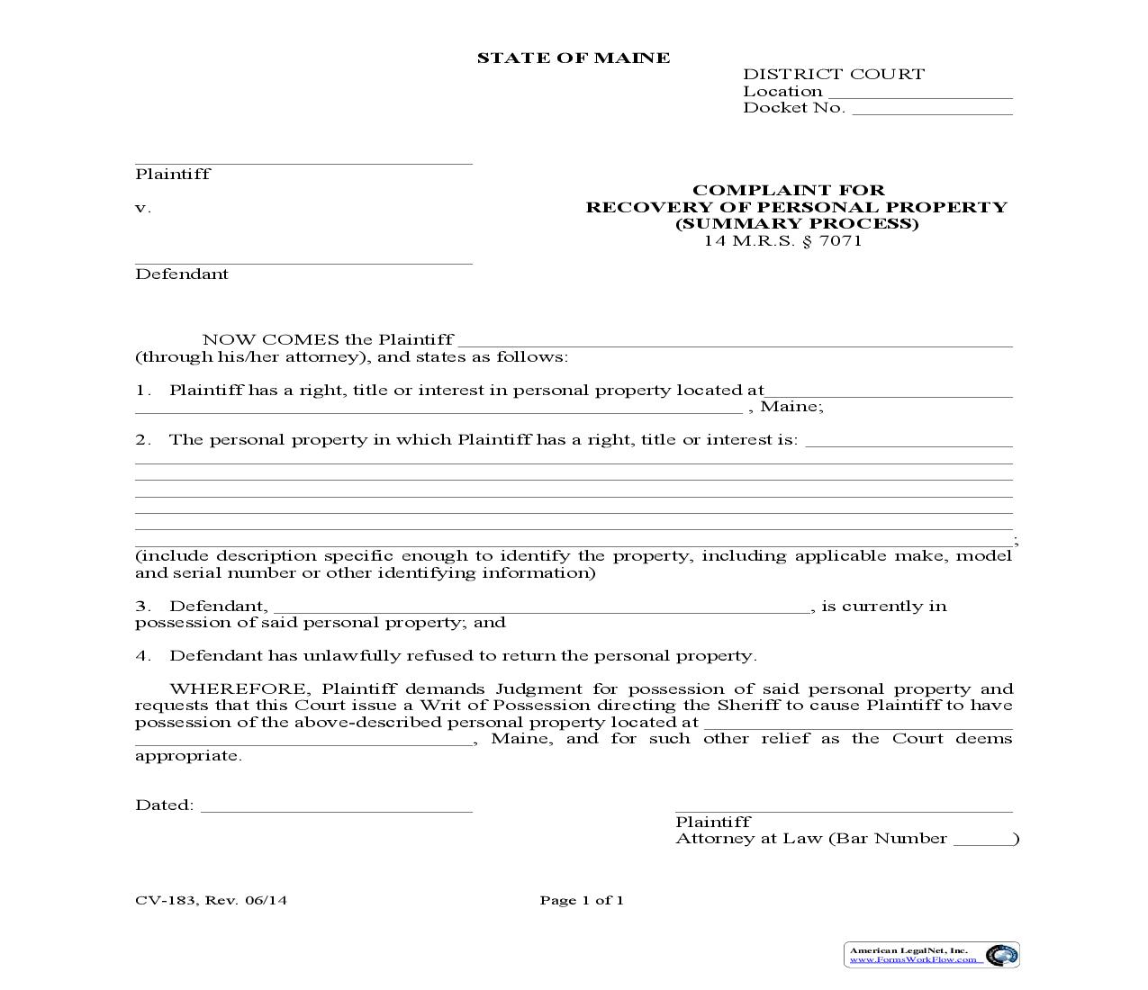 Complaint For Recovery Of Personal Property {CV-183} | Pdf Fpdf Doc Docx | Maine