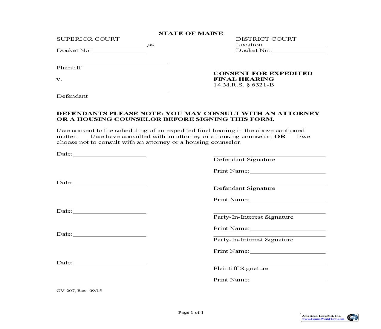 Consent For Expedited Final Hearing {CV-207} | Pdf Fpdf Doc Docx | Maine