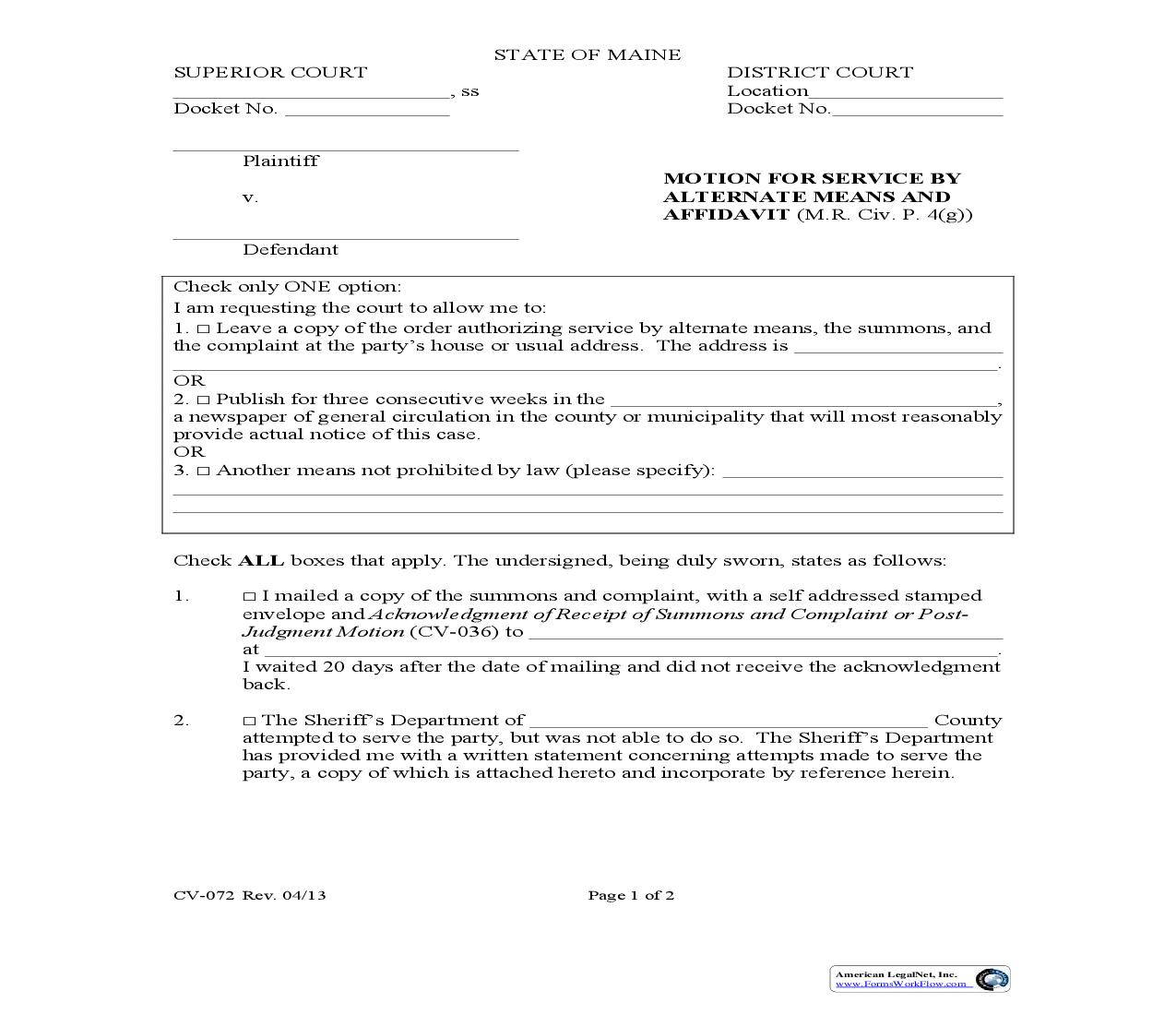 Motion For Service By Publication And Affidavit {CV-072} | Pdf Fpdf Doc Docx | Maine