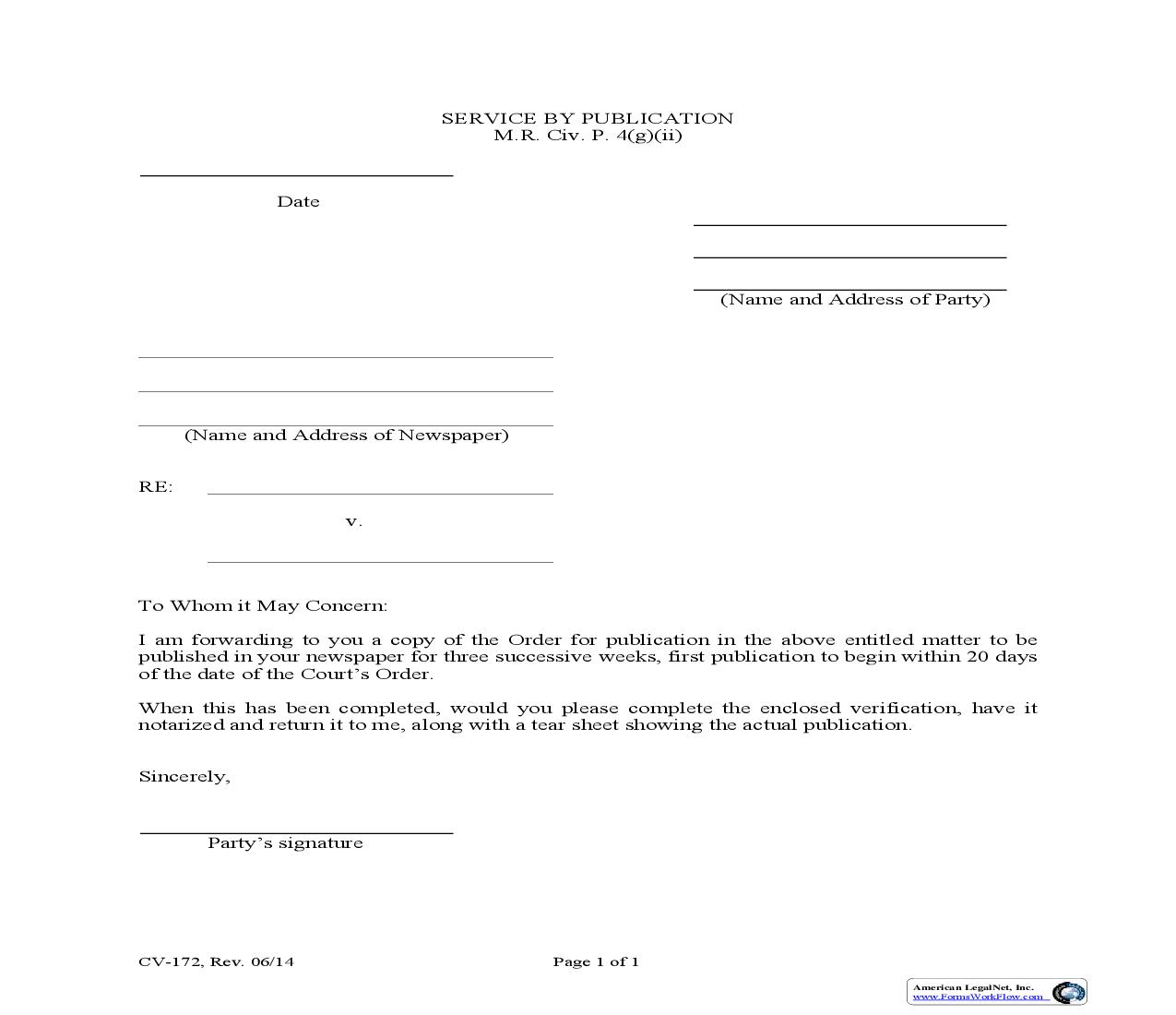 Newspaper Cover Letter For Service By Publication {CV-172} | Pdf Fpdf Doc Docx | Maine