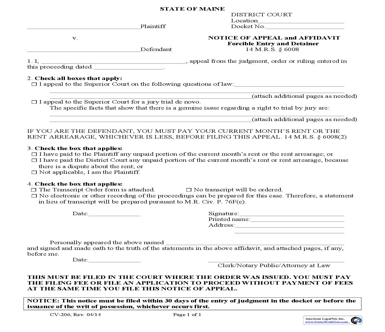Notice Of Appeal And Affidavit-Forcible Entry And Detainer {CV-206} | Pdf Fpdf Doc Docx | Maine