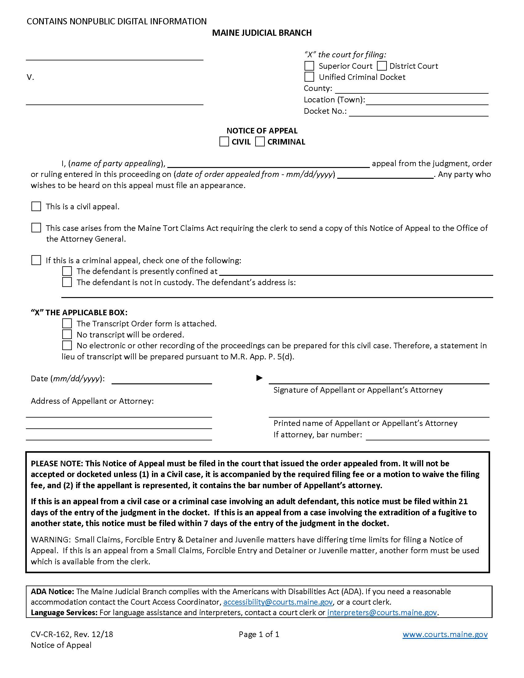 Notice Of Appeal Civil Or Criminal {CV-CR-162} | Pdf Fpdf Docx | Maine
