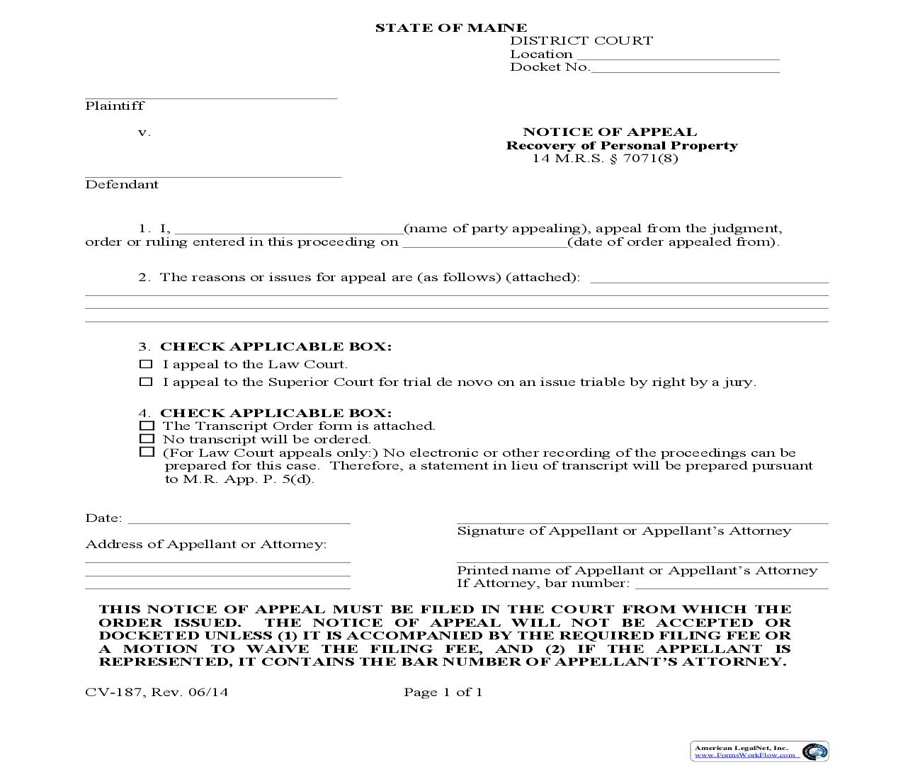 Notice Of Appeal-Recovery Of Personal Property {CV-187} | Pdf Fpdf Doc Docx | Maine