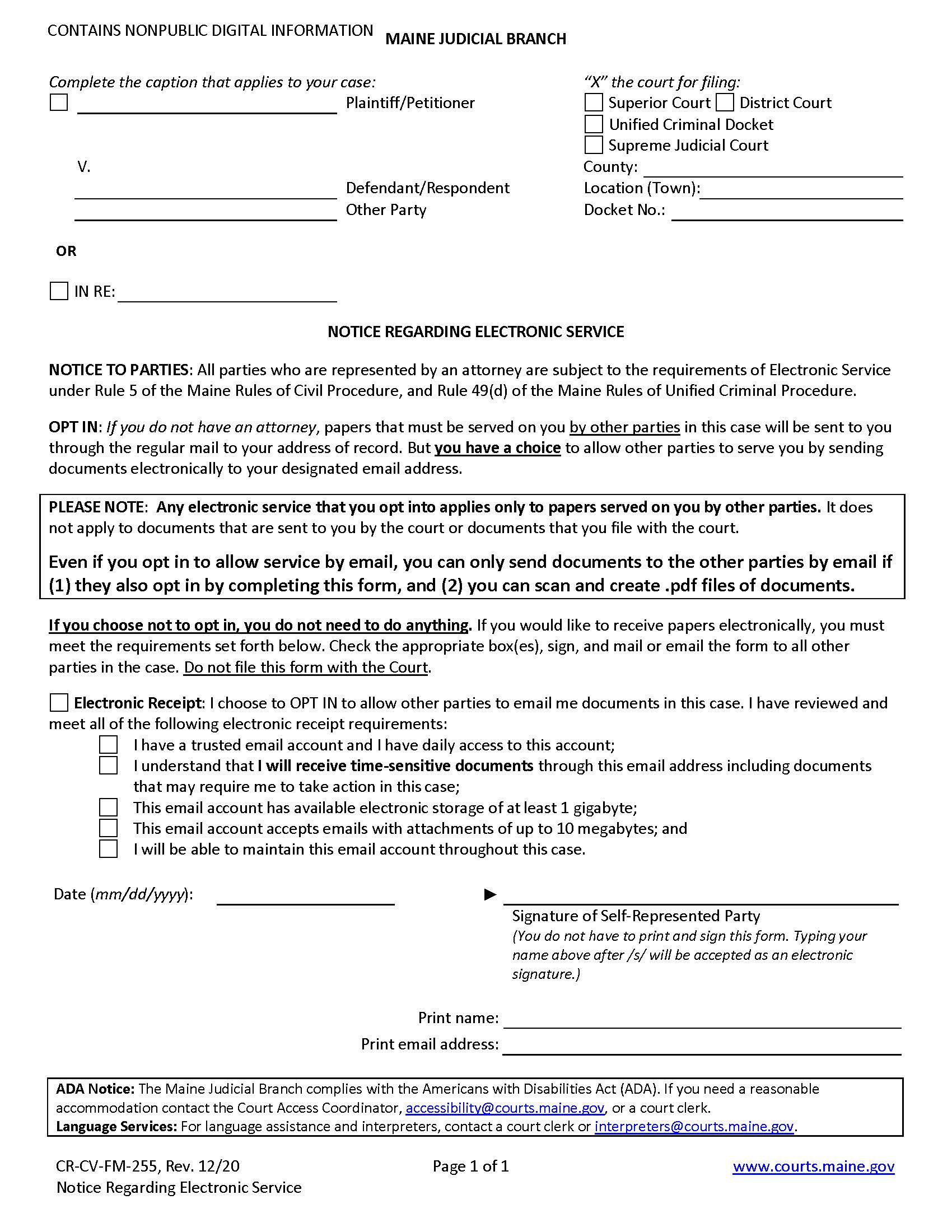 Notice Regarding Electronic Service {CR-CV-FM-255} | Pdf Fpdf Docx | Maine