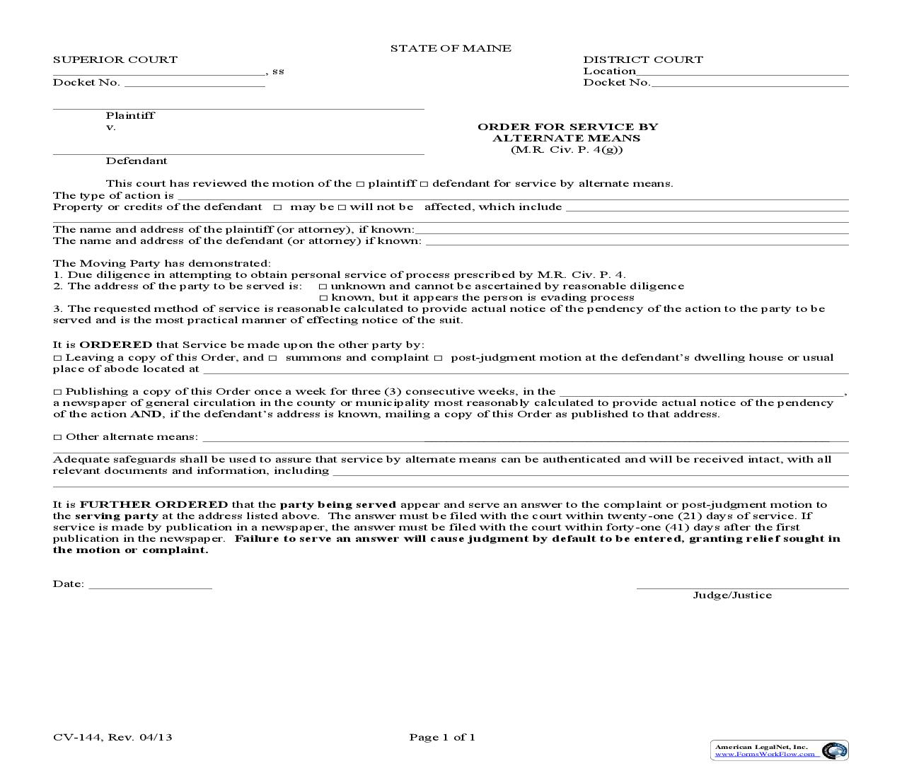 Order For Service By Alternate Means{CV-144} | Pdf Fpdf Doc Docx | Maine