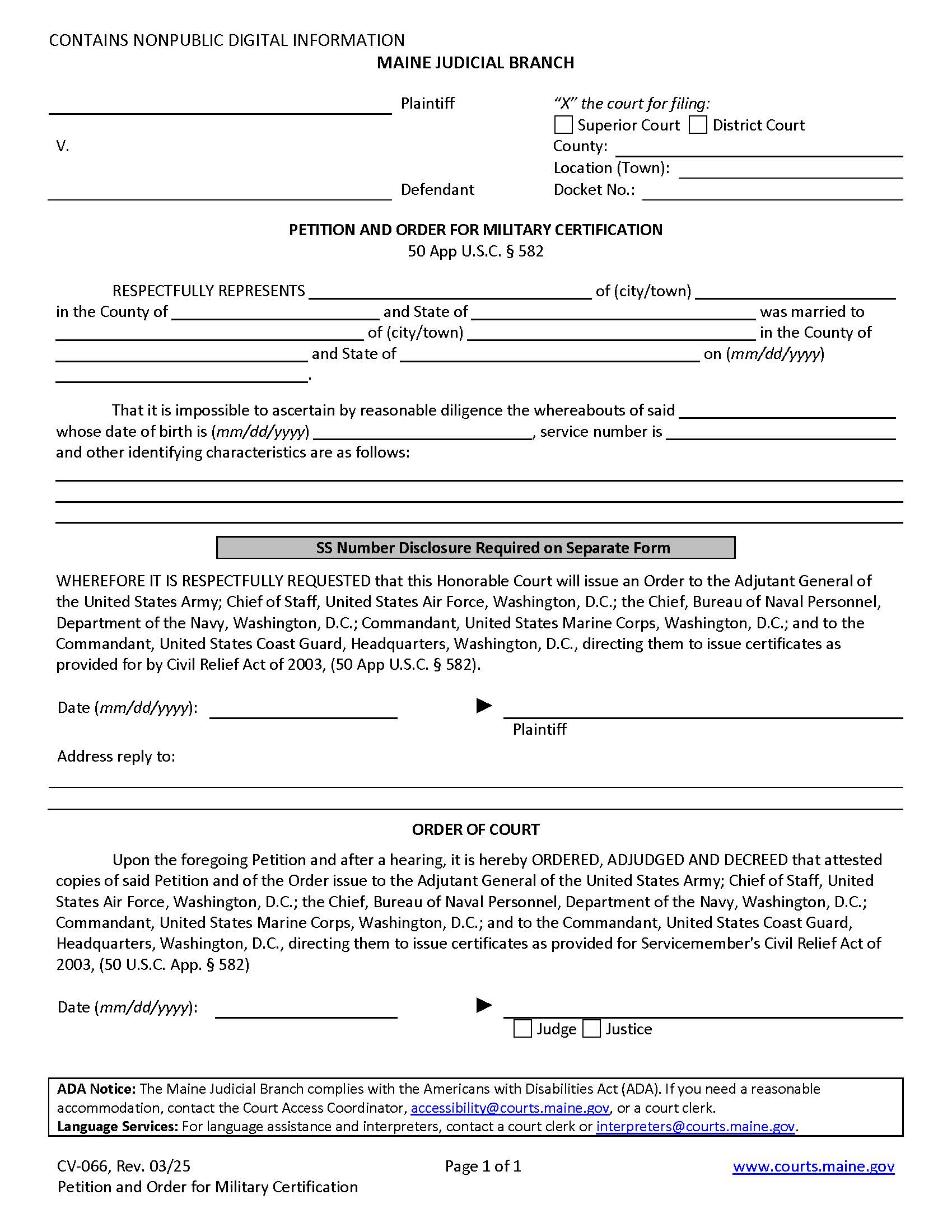 Petition And Order For Military Certification {CV-066} | Pdf Fpdf Doc Docx | Maine