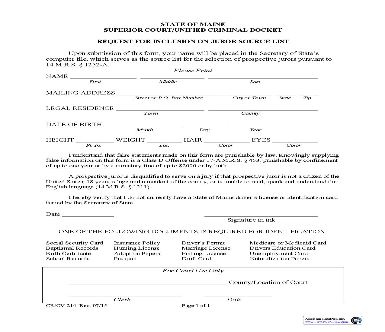 Request For Inclusion On Juror Source List {CR-CV-214} | Pdf Fpdf Doc Docx | Maine