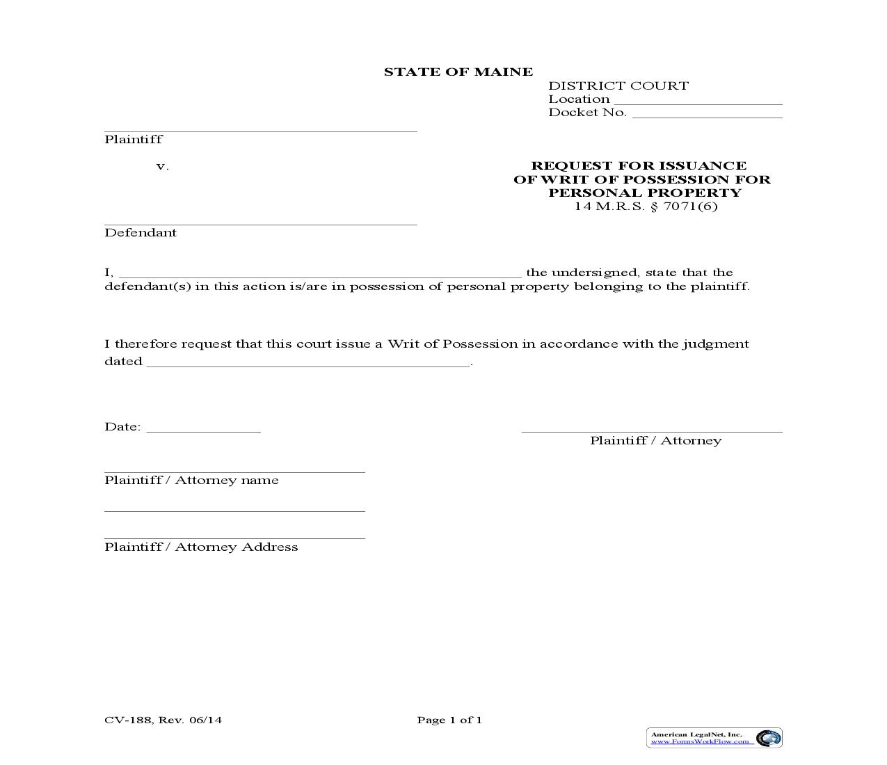 Request For Issuance Of Writ Of Possession For Personal Property {CV-188} | Pdf Fpdf Doc Docx | Maine
