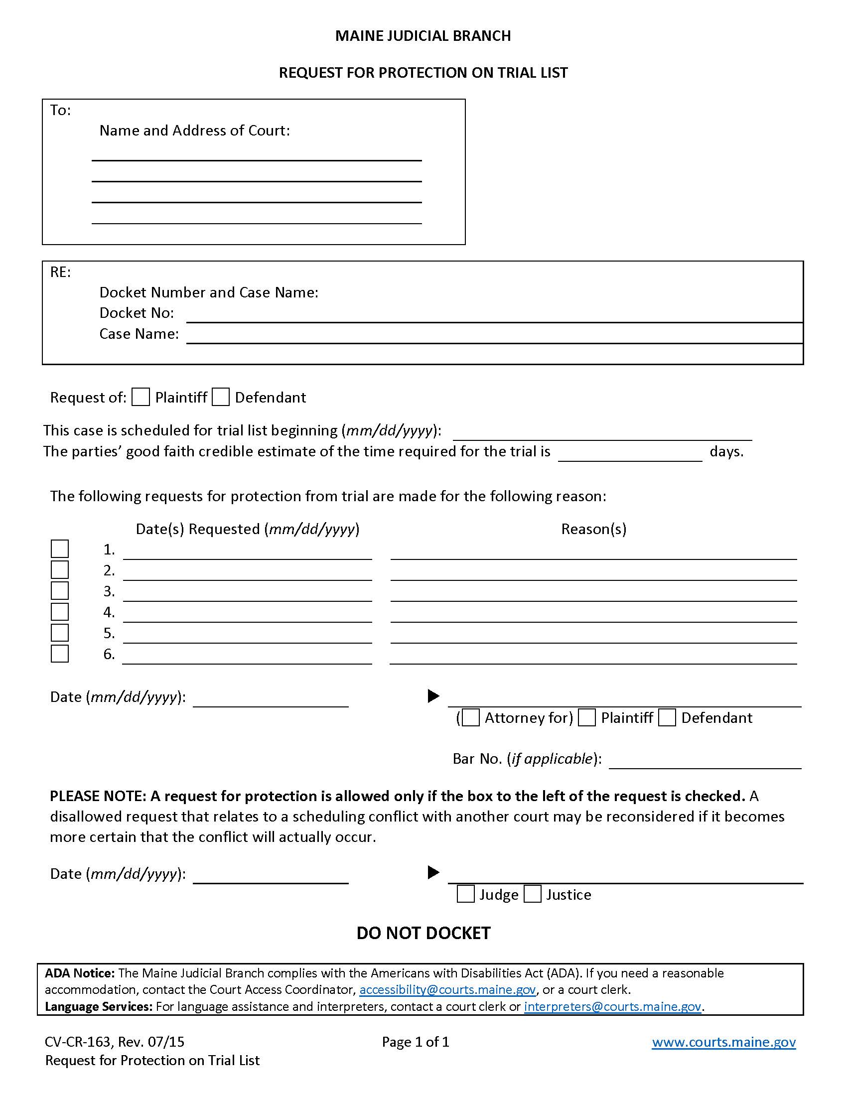 Request For Protection {CV-R-163} | Pdf Fpdf Doc Docx | Maine