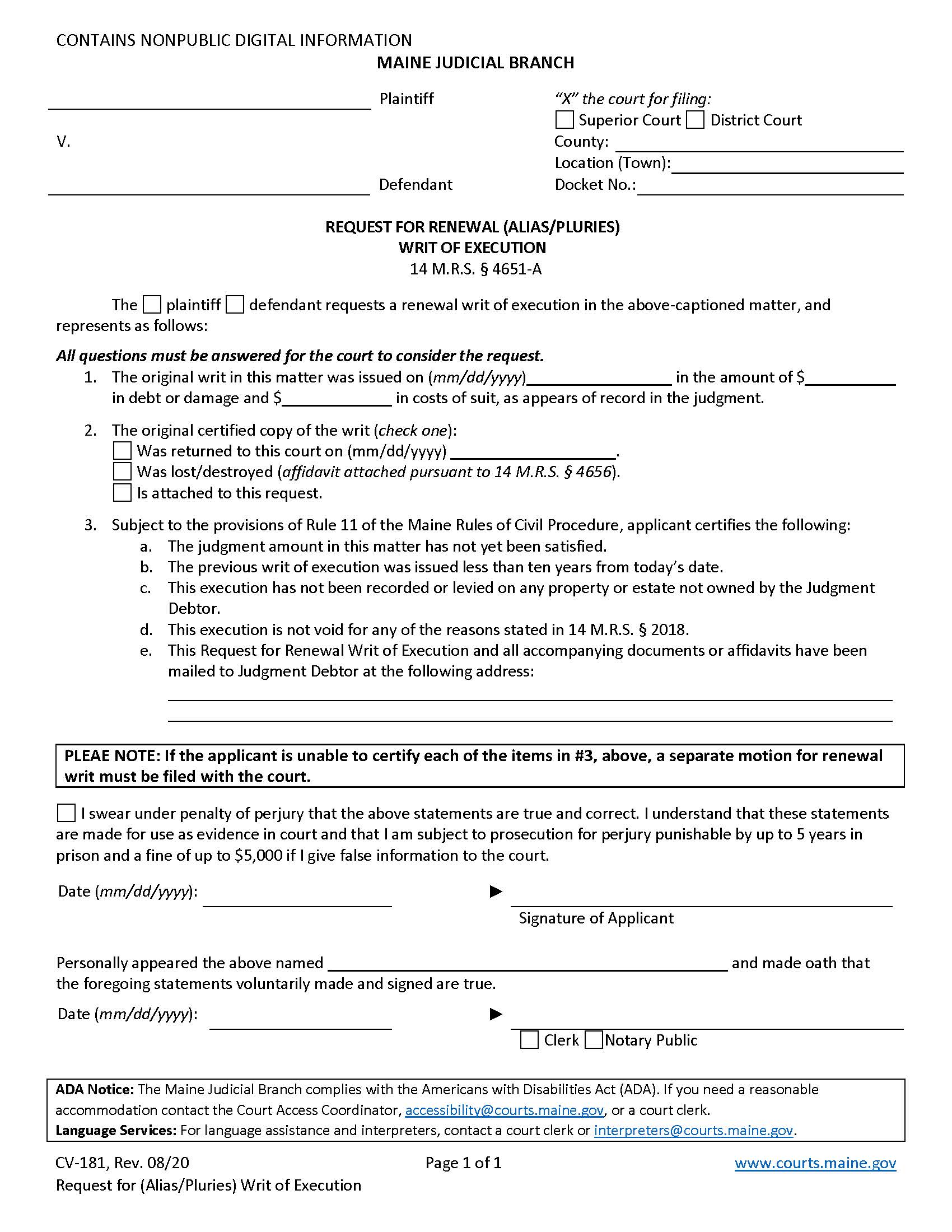 Request For Renewal Writ Of Execution {CV-181} | Pdf Fpdf Doc Docx | Maine