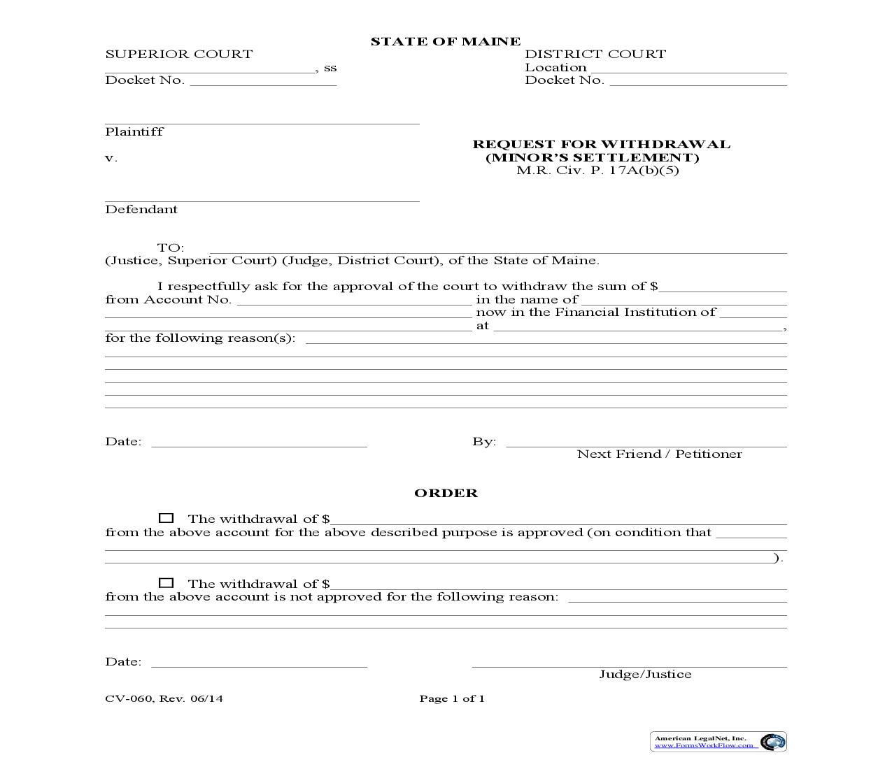 Request For Withdrawal (Minors Settlement) {CV-060} | Pdf Fpdf Doc Docx | Maine