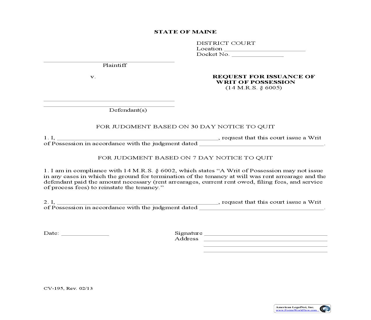 Request Of Issuance For Writ Of Possession {CV-195} | Pdf Fpdf Doc Docx | Maine
