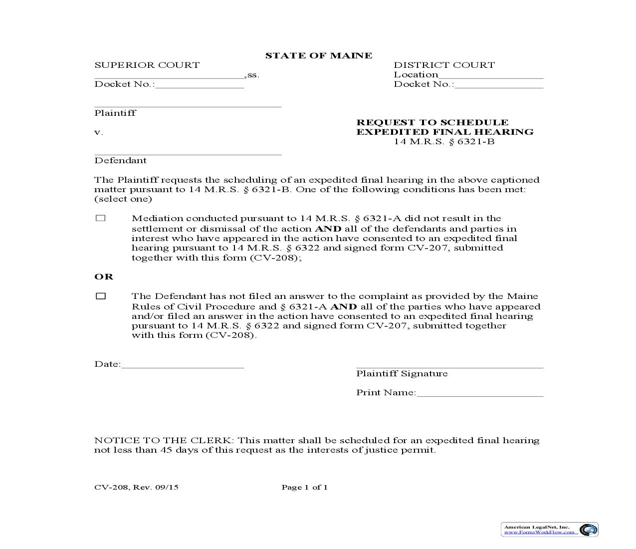 Request To Schedule Expedited Final Hearing {CV-208} | Pdf Fpdf Doc Docx | Maine