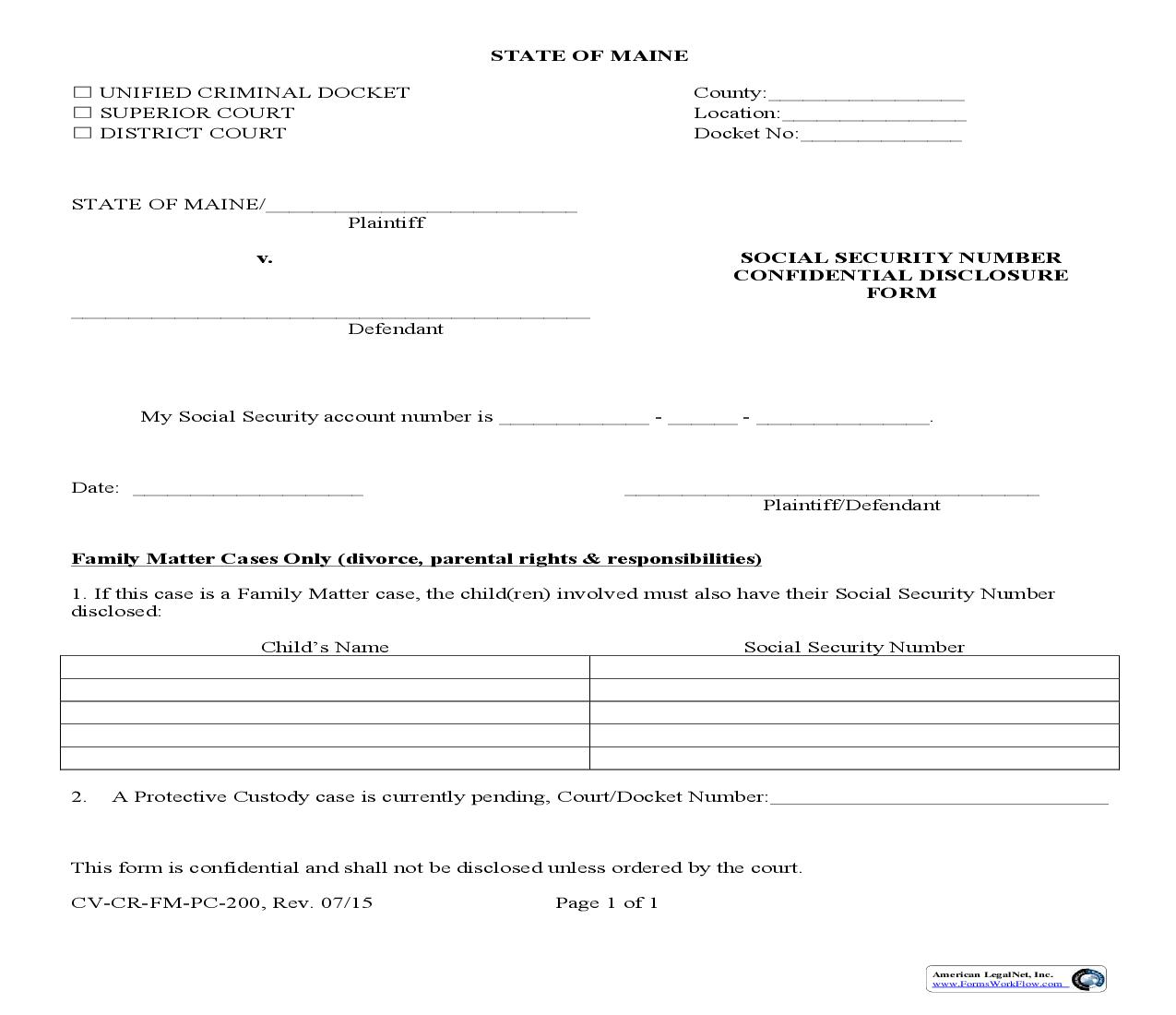 SS Confidential Disclosure Form {CV-CR-FM-PC-200} | Pdf Fpdf Doc Docx | Maine