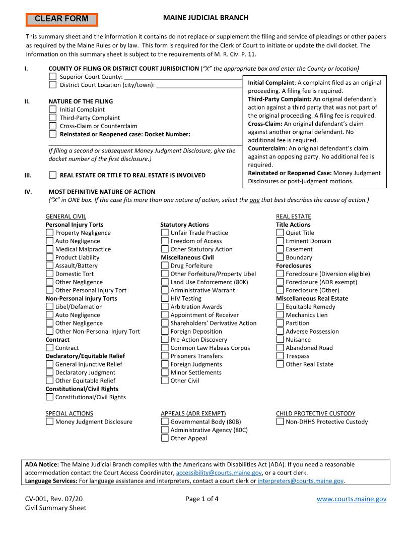 Summary Sheet {CV-001} | Pdf Fpdf Doc Docx | Maine