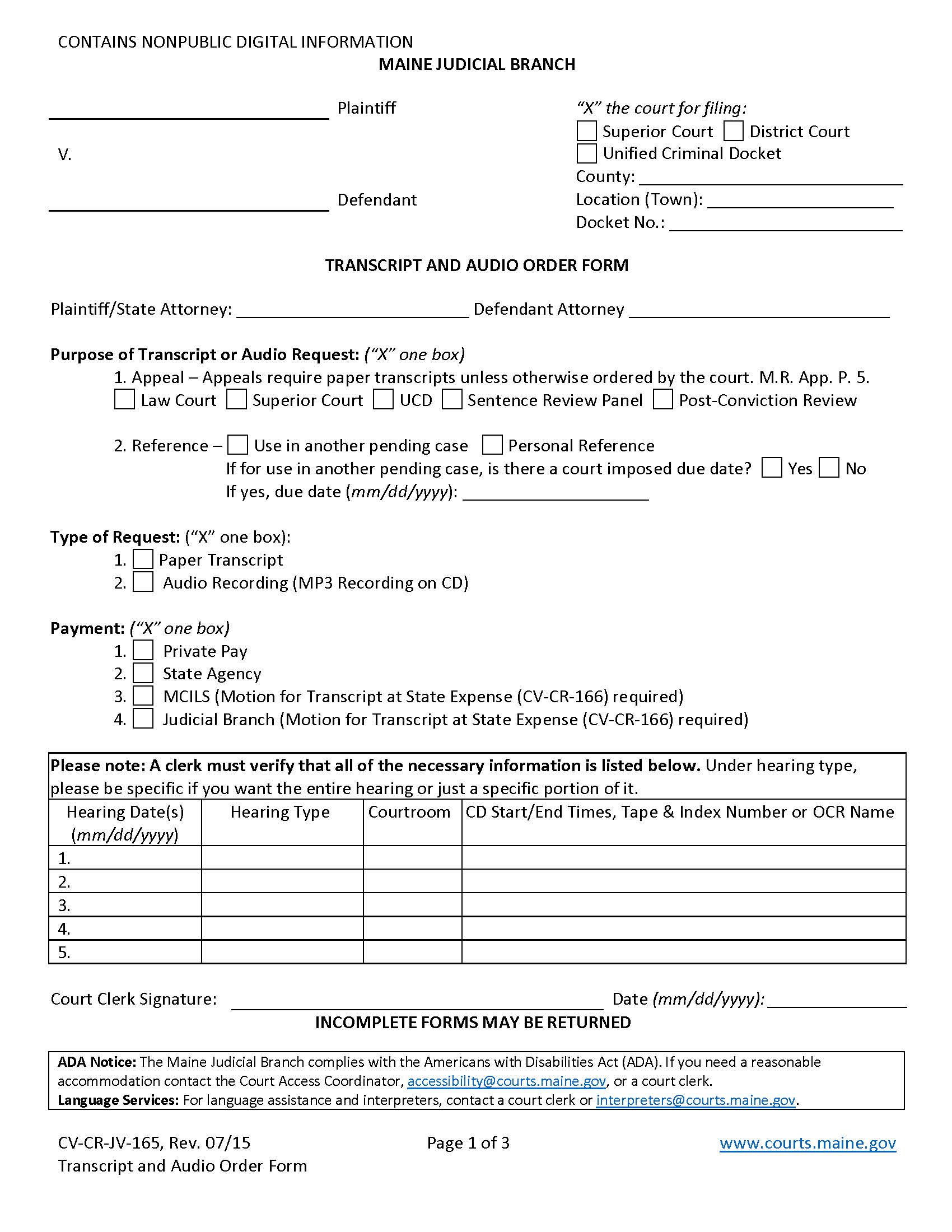 Transcript And Audio Order Form {CV-CR-JV-165} | Pdf Fpdf Doc Docx | Maine