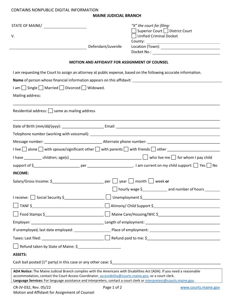 Preliminary Motion For Assignment Of Counsel - Affidavit And Release {CR-JV-032} | Pdf Fpdf Docx | Maine