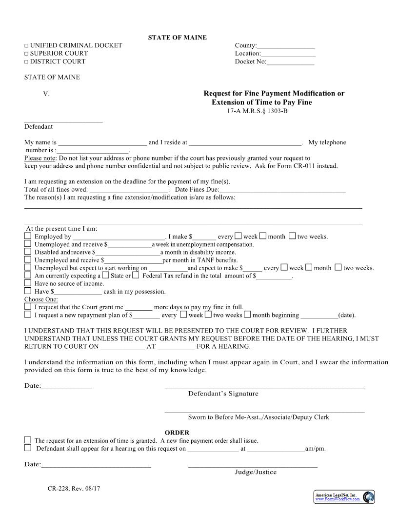 Request For Fine Payment Modification Or Extension Of Time To Pay Fine {CR-228} | Pdf Fpdf Docx | Maine