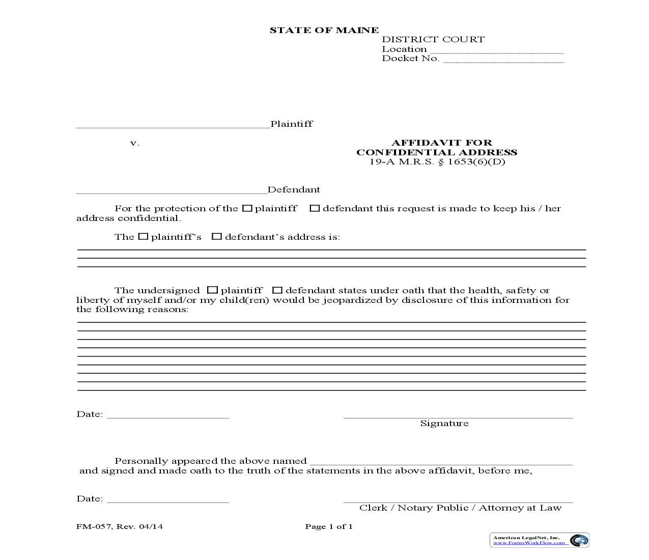 Affidavit For Confidential Address {FM-057} | Pdf Fpdf Doc Docx | Maine