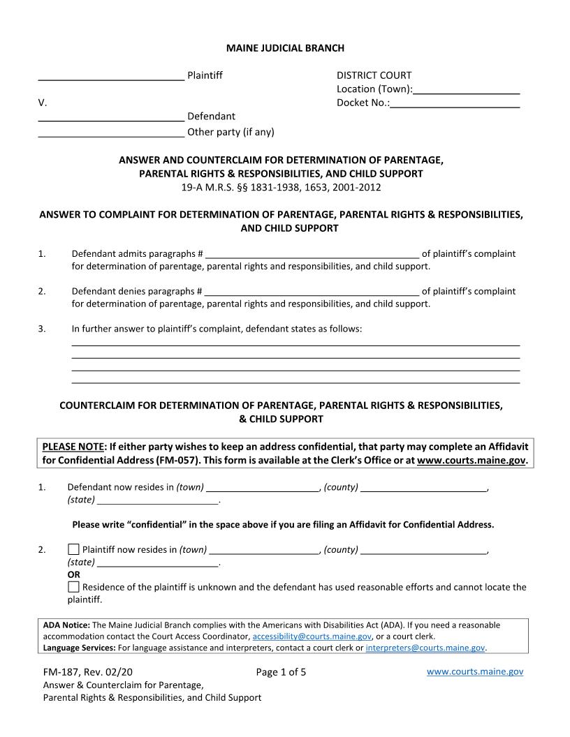 Answer And Counterclaim For Determination Of Parentage Parental Rights And Responsibilities {FM-187} | Pdf Fpdf Doc Docx | Maine