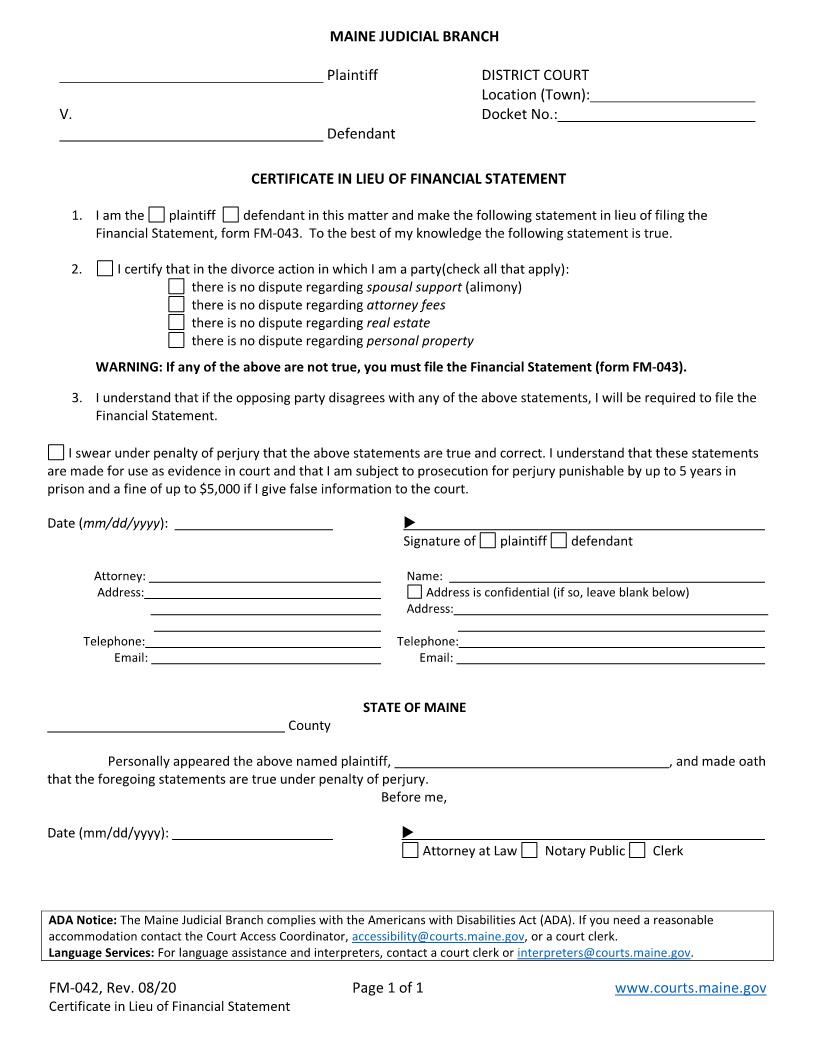 Certificate In Lieu Of Financial Statement {FM-042} | Pdf Fpdf Doc Docx | Maine
