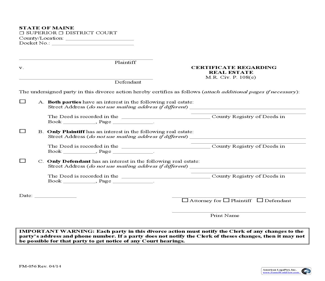 Certificate Regarding Real Estate {FM-056} | Pdf Fpdf Doc Docx | Maine