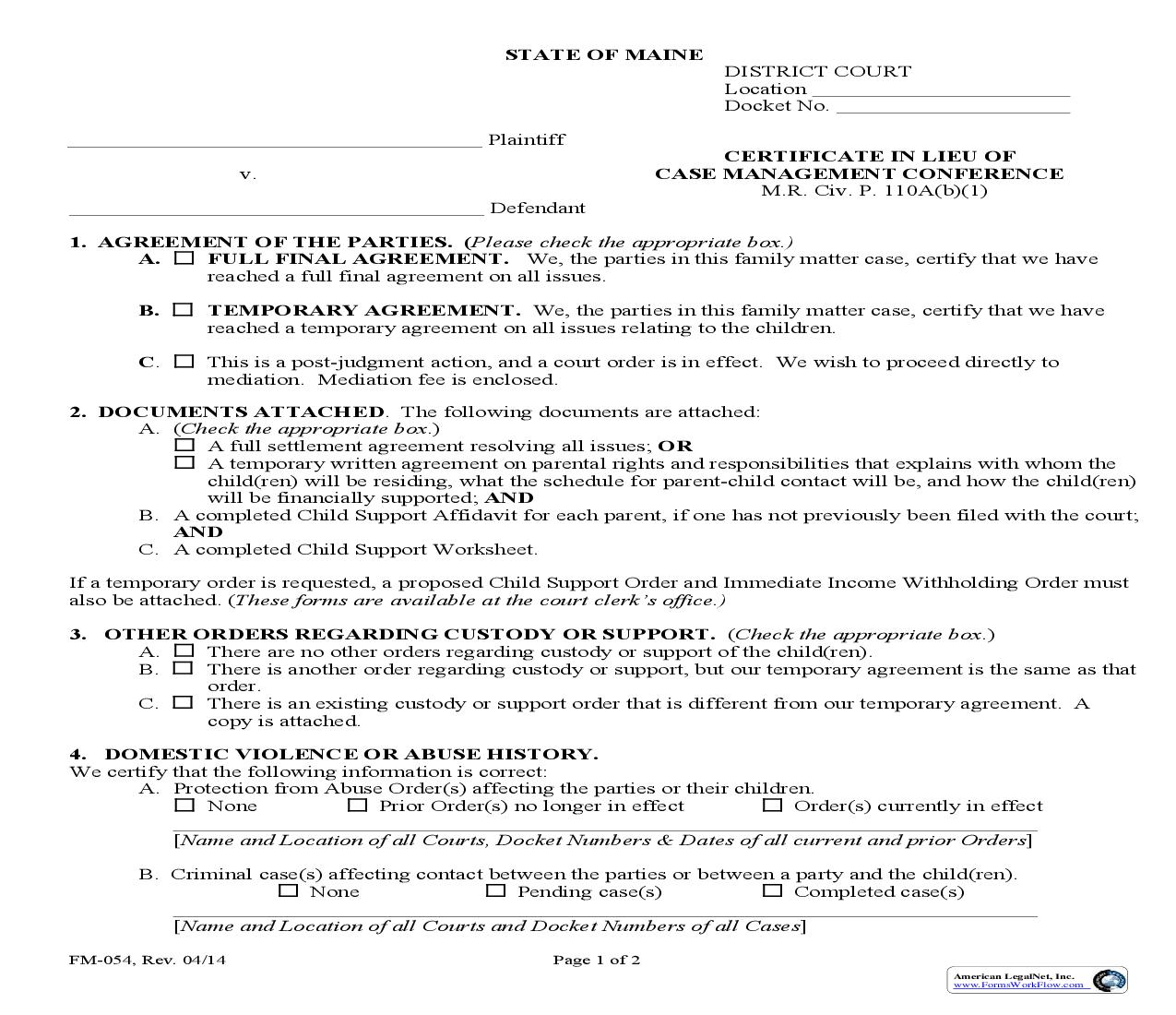 Certification In Lieu Of Case Management {FM-054} | Pdf Fpdf Doc Docx | Maine