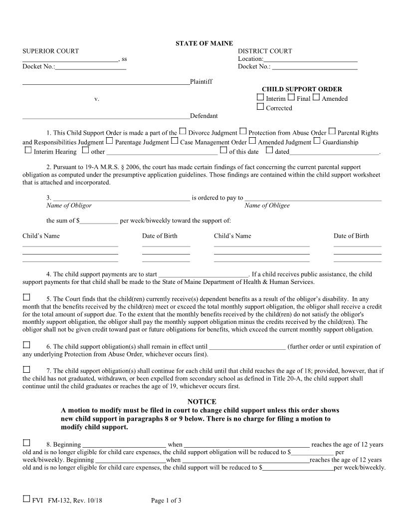 Child Support Order {FM-132} | Pdf Fpdf Doc Docx | Maine