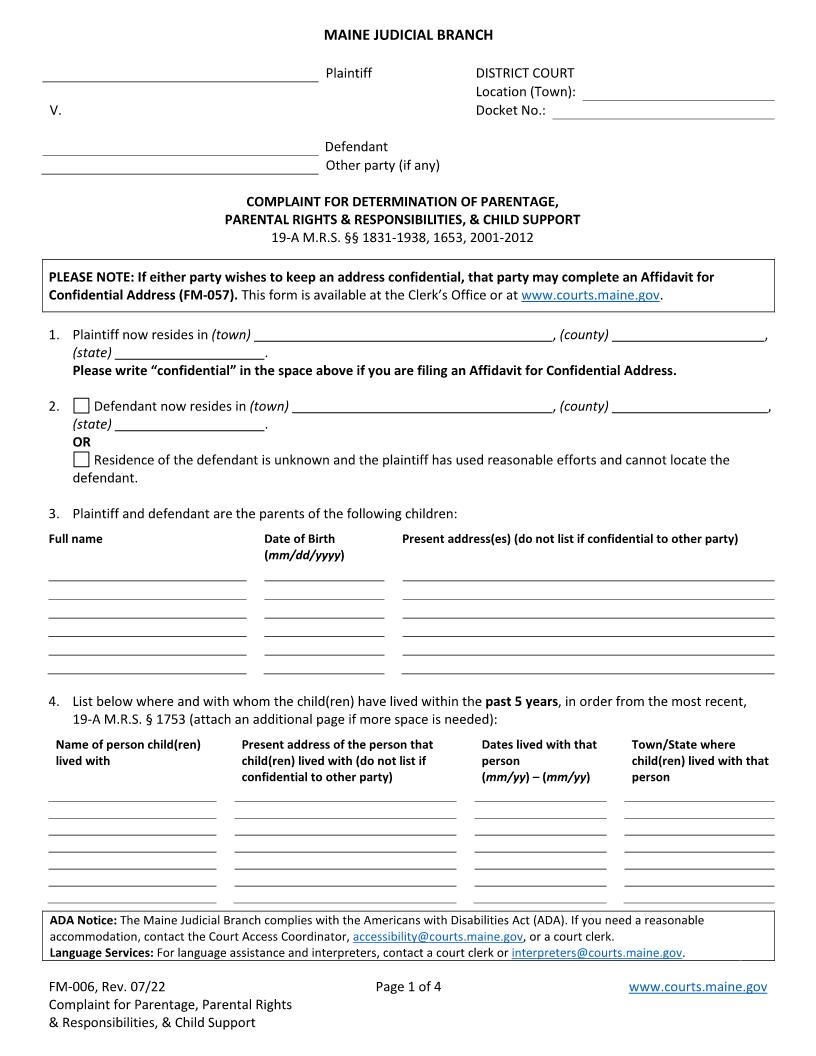 Complaint For Determination Of Parentage Parental Rights And Responsibilities {FM-006} | Pdf Fpdf Doc Docx | Maine