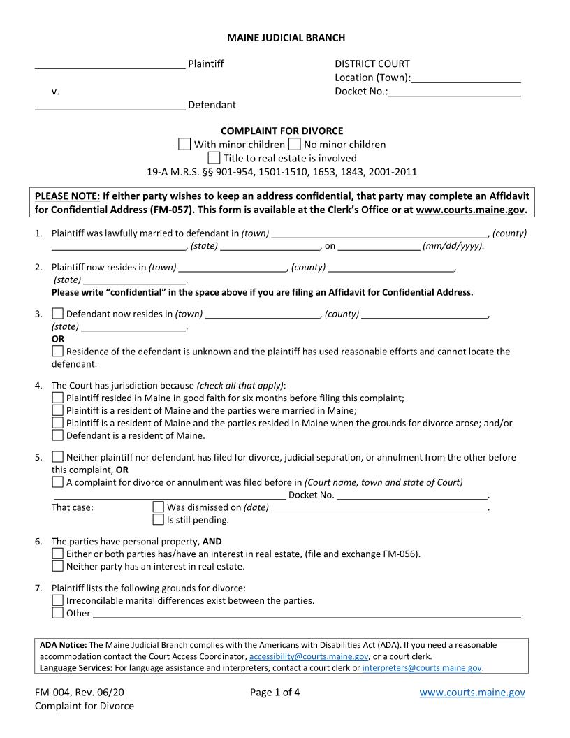 Complaint For Divorce With Children {FM-004} | Pdf Fpdf Doc Docx | Maine