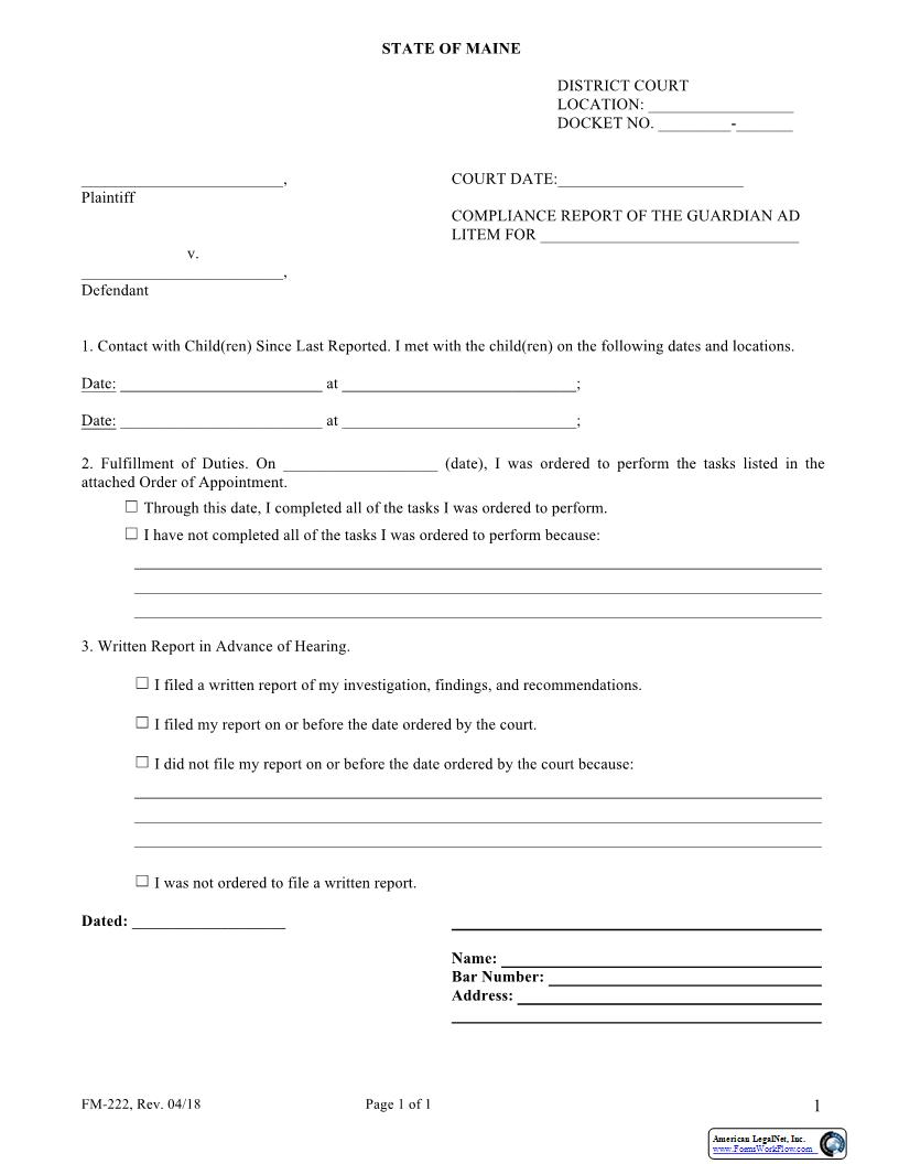Compliance Report Of The Guardian Ad Litem {FM-222} | Pdf Fpdf Docx | Maine