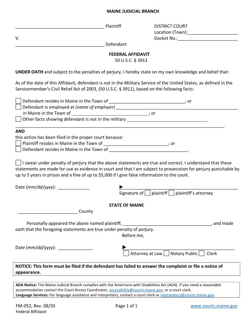 Federal Affidavit {FM-052} | Pdf Fpdf Doc Docx | Maine
