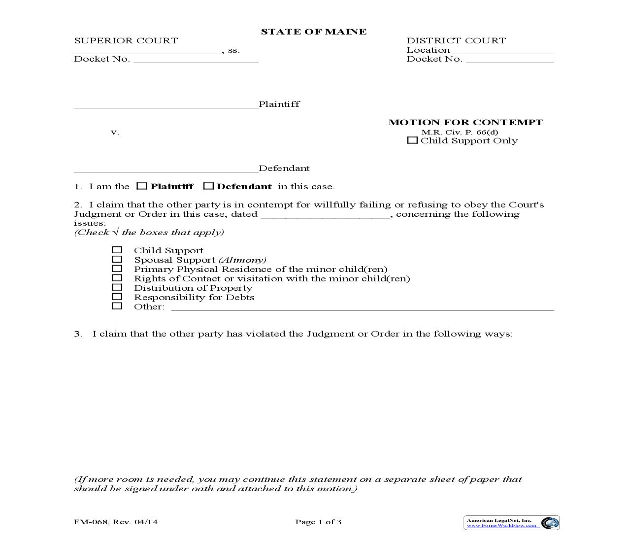 Motion For Contempt {FM-068} | Pdf Fpdf Doc Docx | Maine