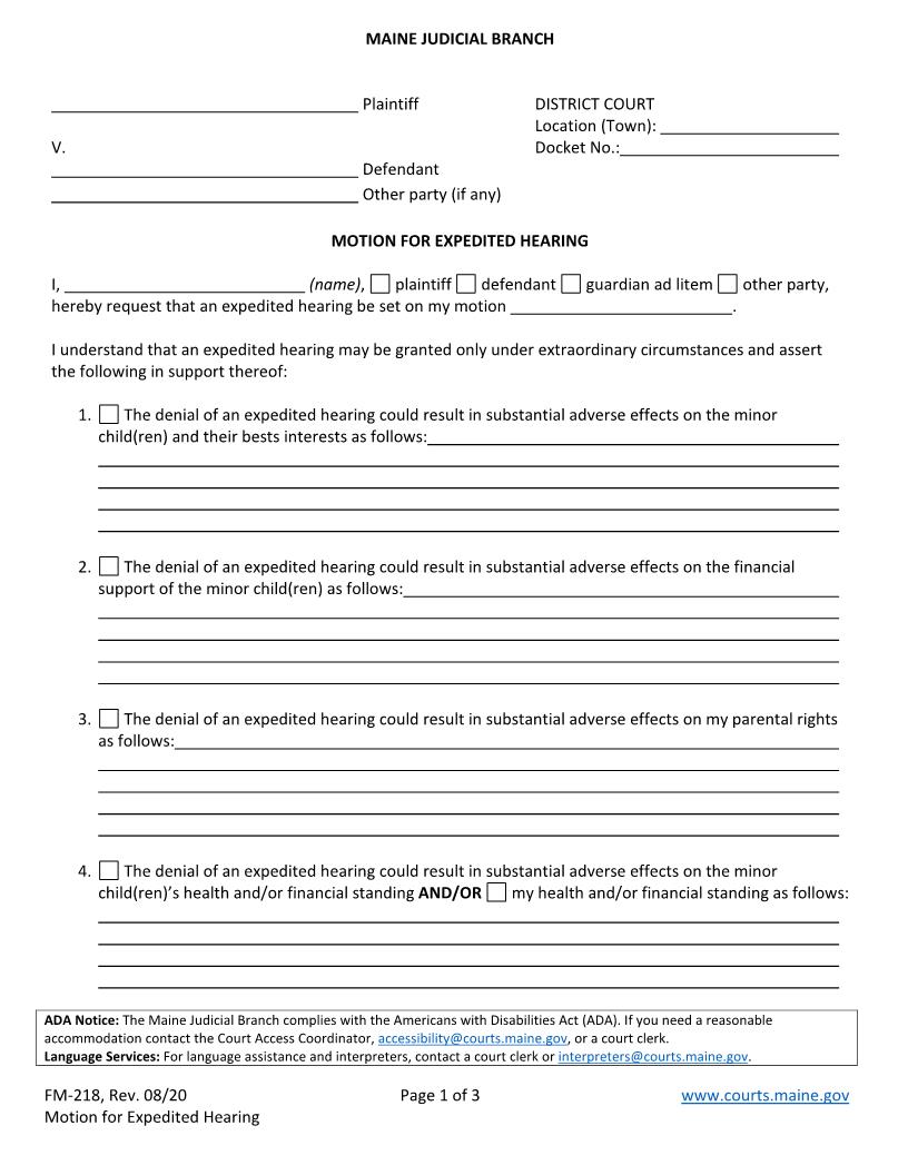 Motion For Expedited Hearing {FM-218} | Pdf Fpdf Doc Docx | Maine