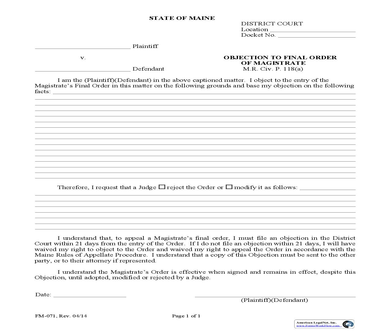 Objection To Final Order Of Magistrate {FM-071} | Pdf Fpdf Doc Docx | Maine