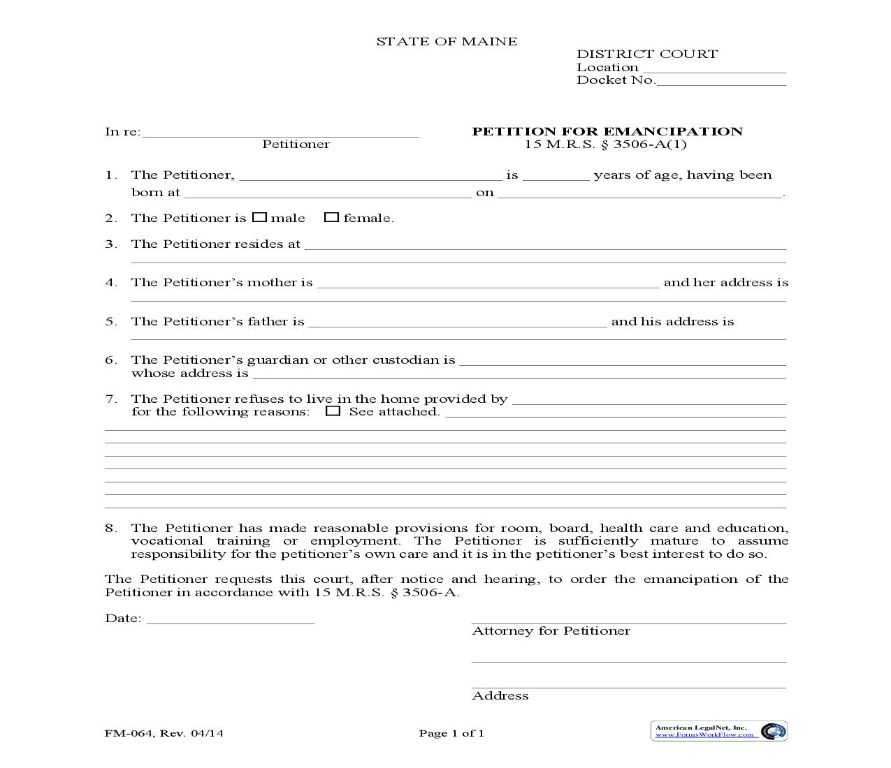 Petition For Emancipation {FM-064} | Pdf Fpdf Doc Docx | Maine
