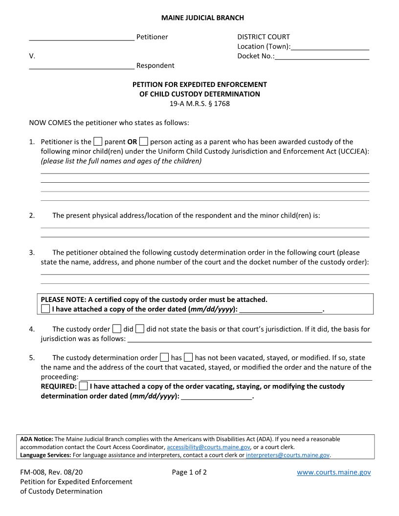 Petition For Expedited Enforcement Of Child Custody Determination {FM-008} | Pdf Fpdf Doc Docx | Maine