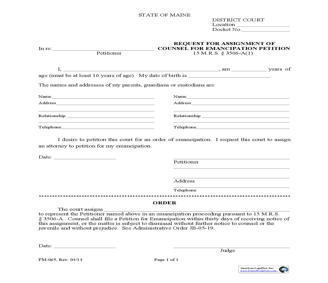 Request For Assignment Of Counsel For Emancipation Petition {FM-065} | Pdf Fpdf Doc Docx | Maine