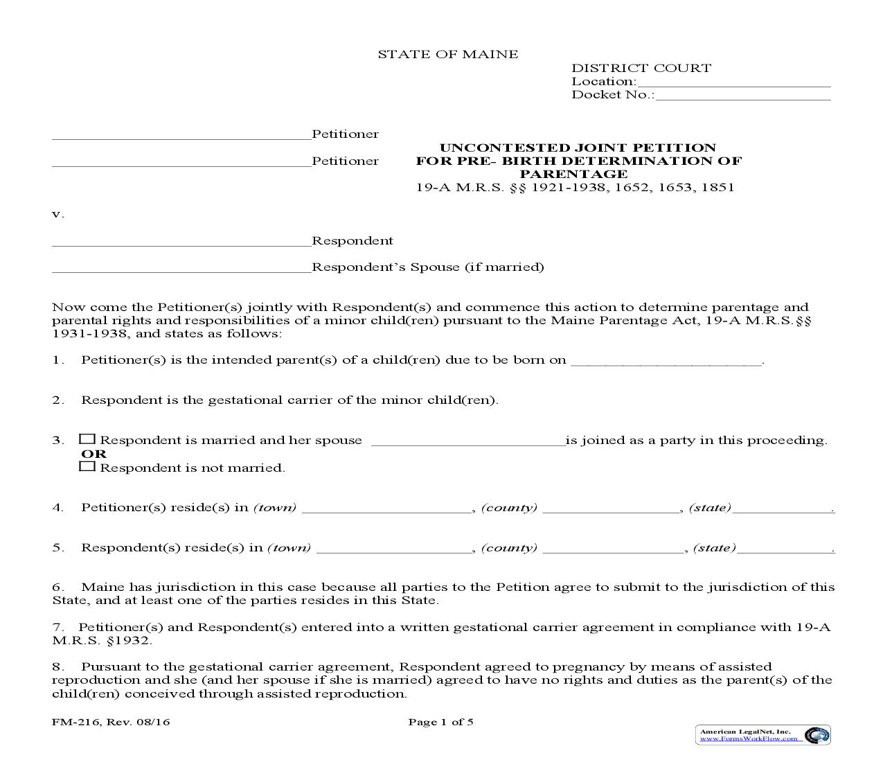 Uncontested Joint Petition For Pre Birth Determination Of Parentage {FM-216} | Pdf Fpdf Doc Docx | Maine