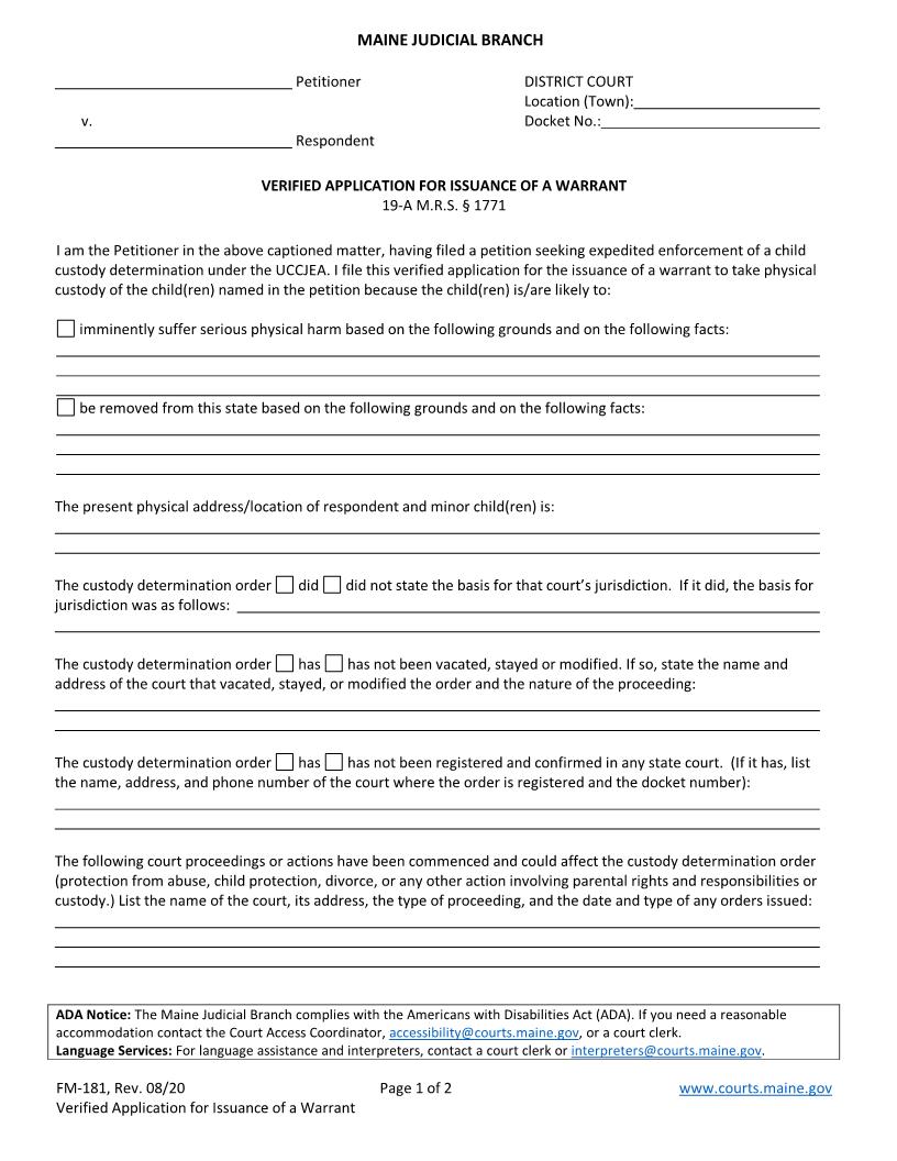 Verified Application For Issuance Of Warrant {FM-181} | Pdf Fpdf Doc Docx | Maine