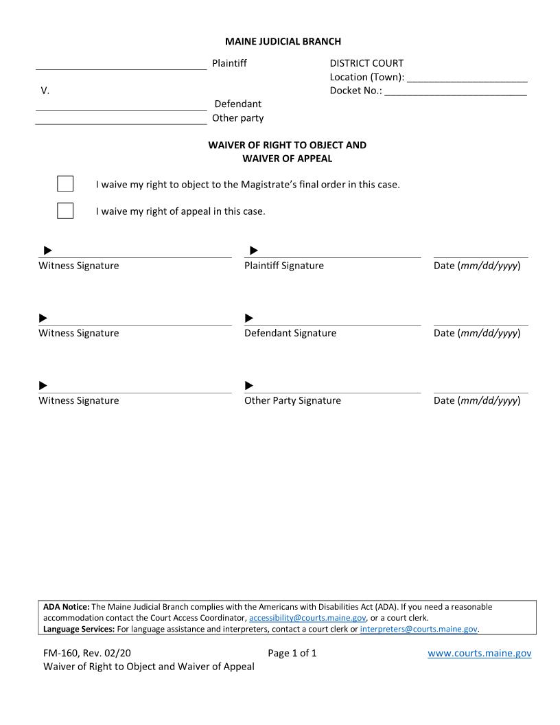 Waiver Of Right To Object And Waiver Of Appeal {FM-160} | Pdf Fpdf Doc Docx | Maine