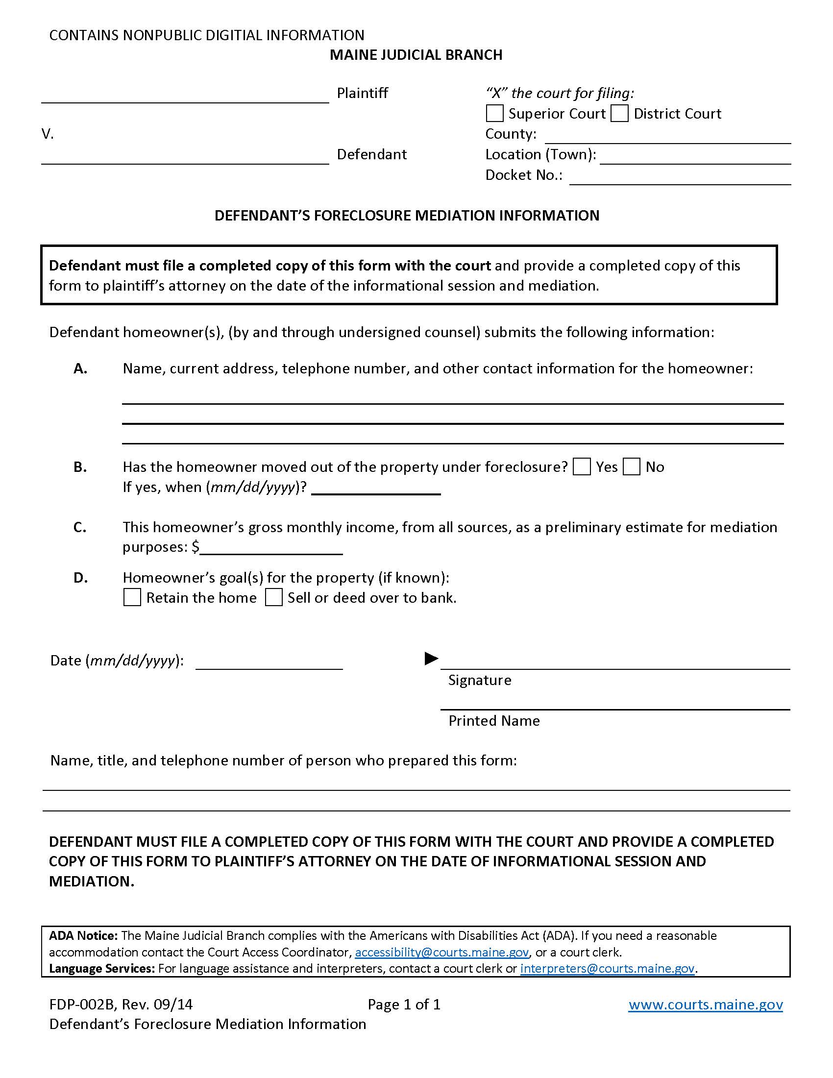 Defendants Foreclosure Mediation Information {FDP-002B} | Pdf Fpdf Docx | Maine