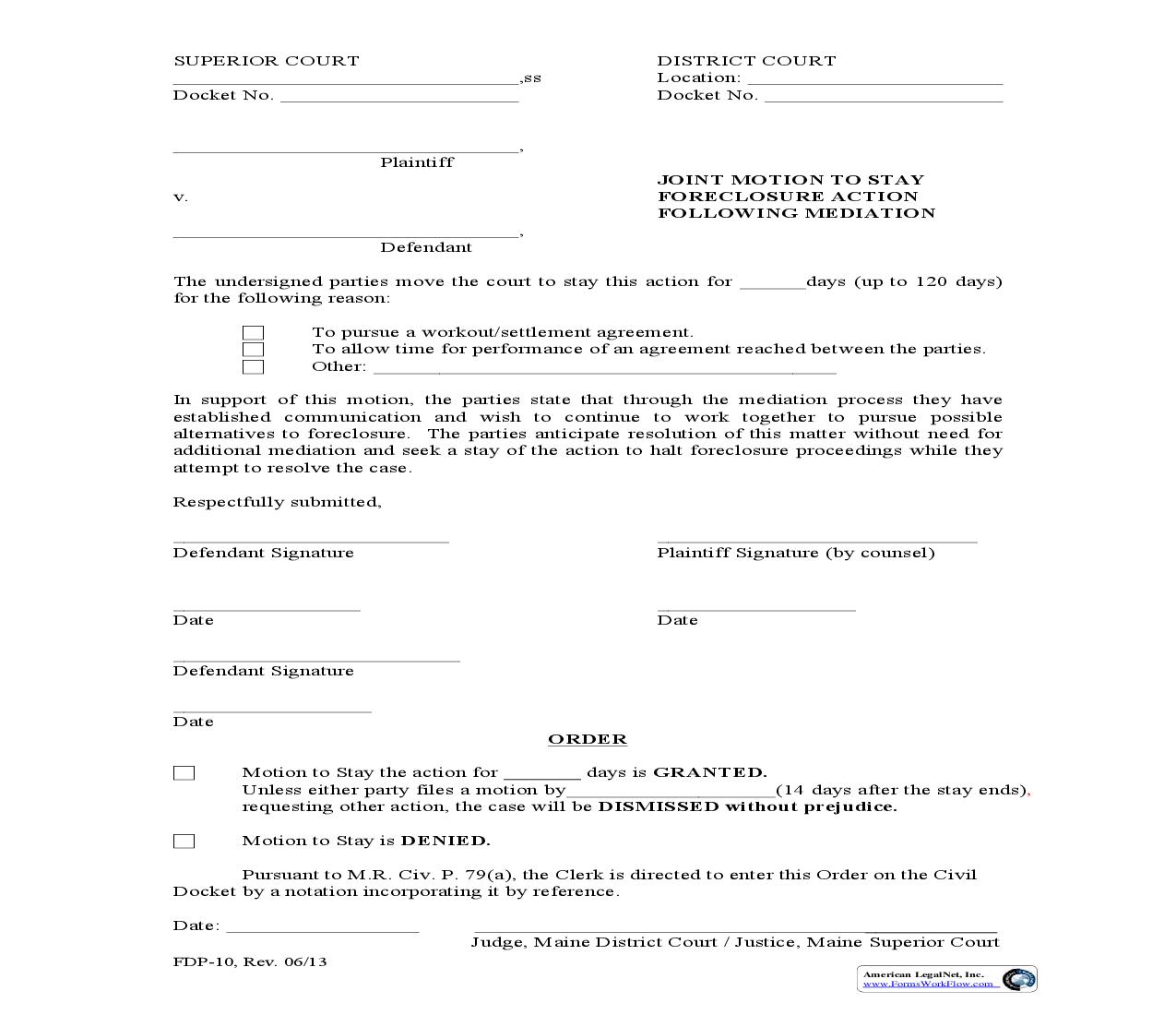 Motion To Stay Foreclosure After Mediation {FDP-10} | Pdf Fpdf Doc Docx | Maine