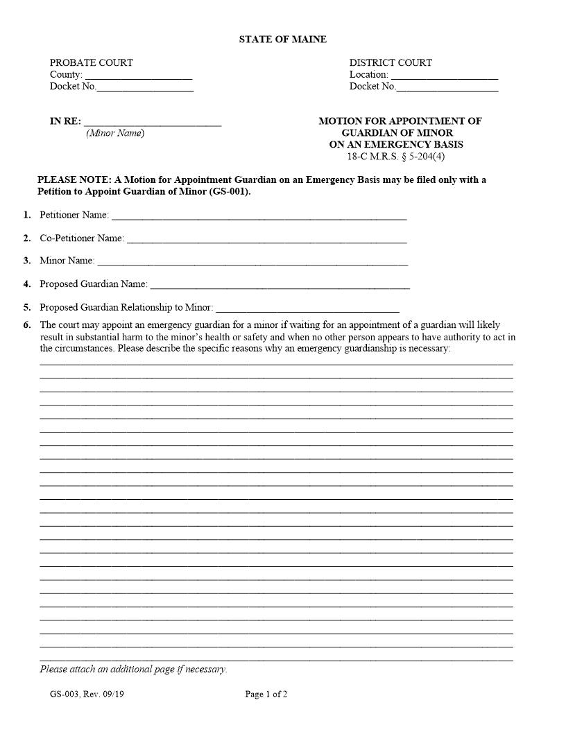 Motion For Appointment Of Guardian Of Minor On An Emergency Basis {GS-003} | Pdf Fpdf Docx | Maine
