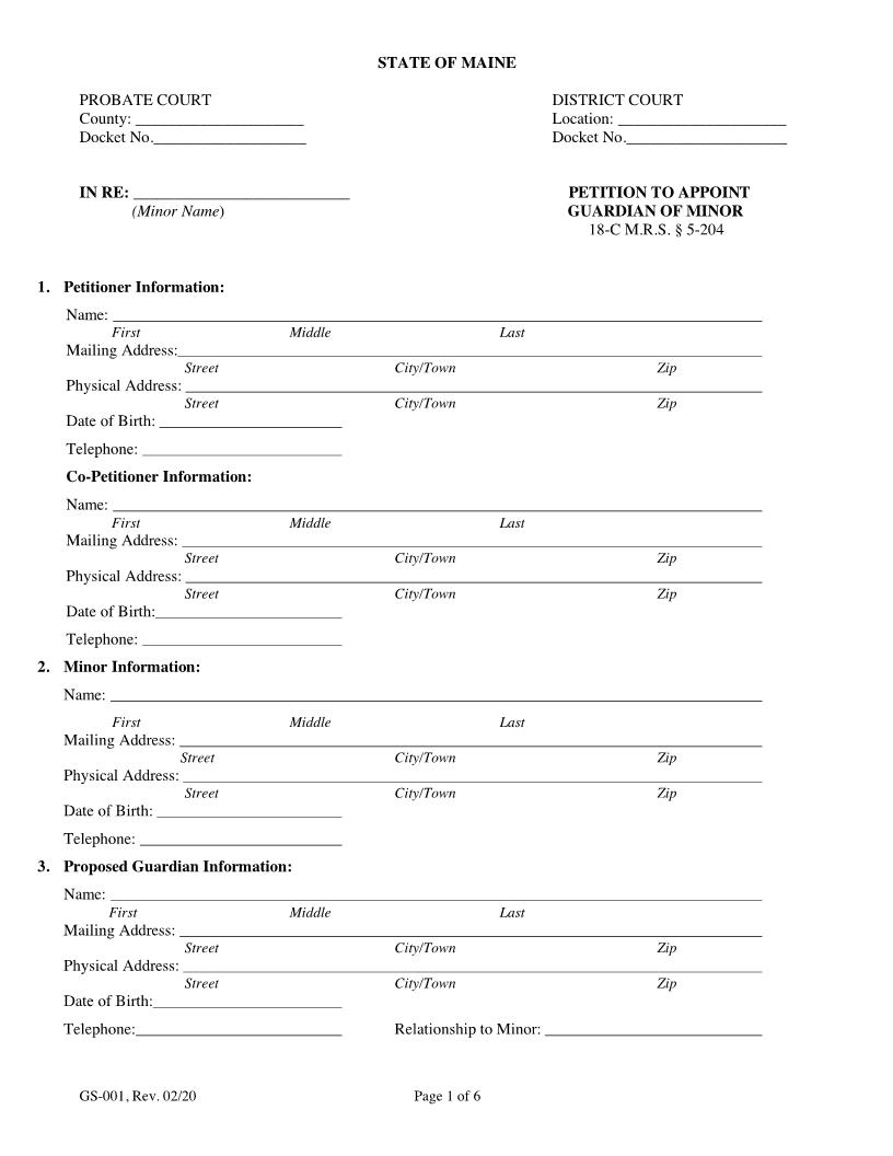 Petition To Appoint Guardian Of Minor {GS-001} | Pdf Fpdf Doc Docx | Maine