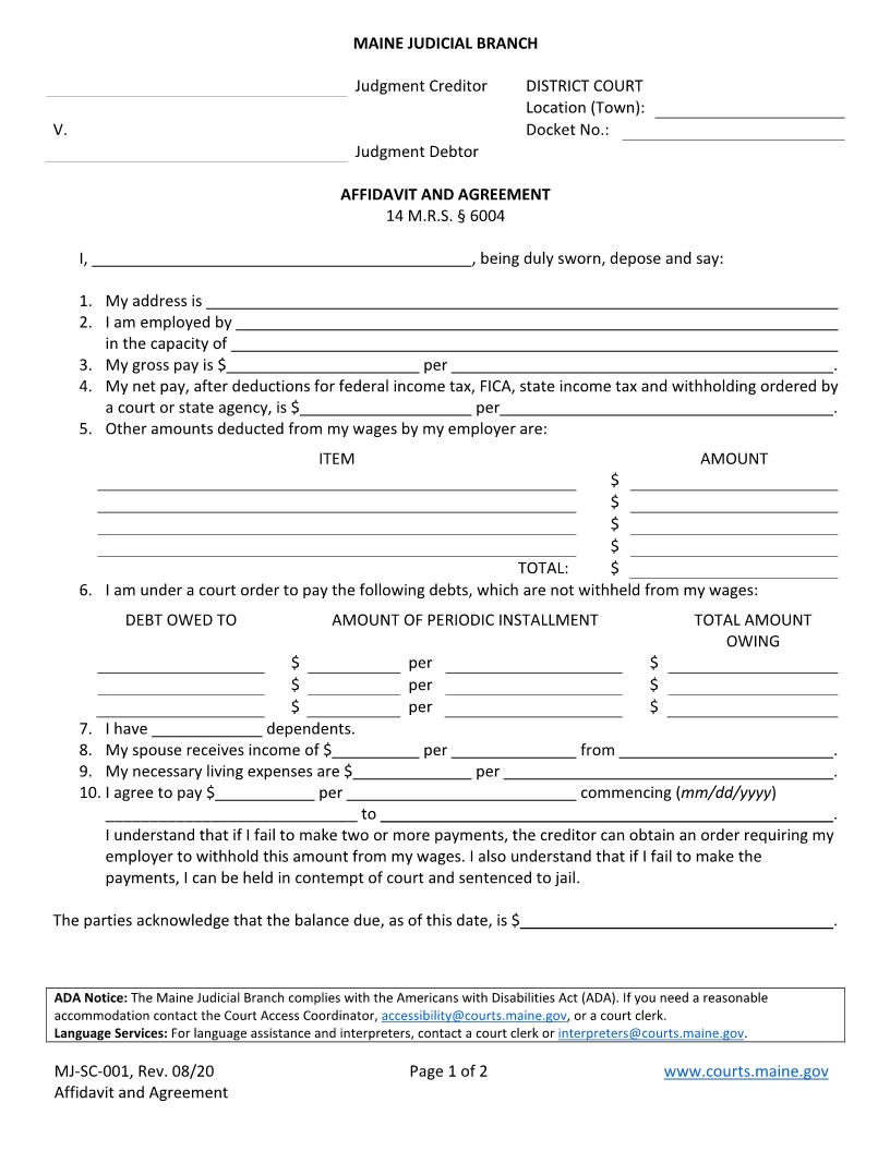 Affidavit And Agreement {MJ-SC-001} | Pdf Fpdf Doc Docx | Maine