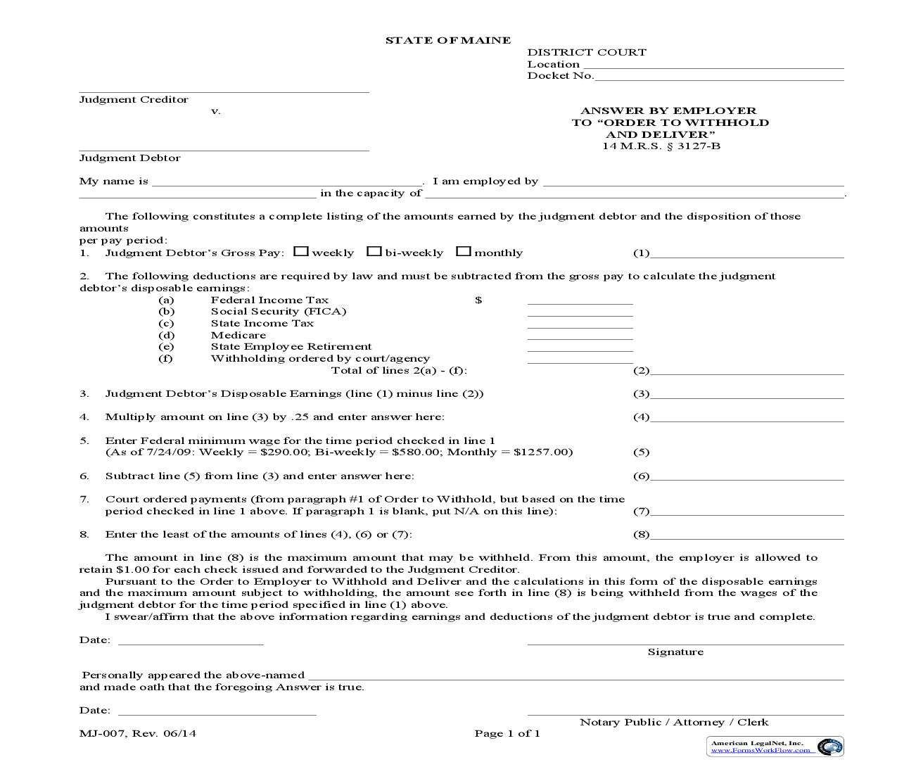 Answer By Employer To Order To Withhold And Deliver {MJ-007} | Pdf Fpdf Doc Docx | Maine