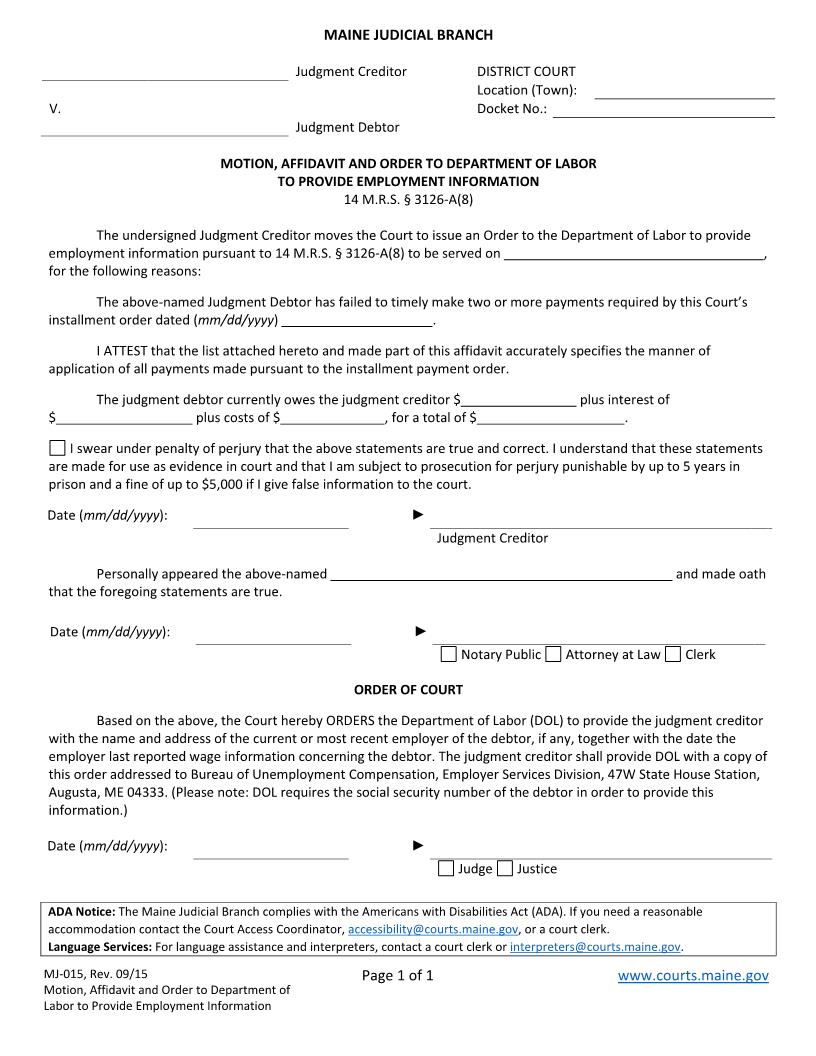 Motion Affidavit And Order To DOL To Provide Employment Information {MJ-015} | Pdf Fpdf Docx | Maine